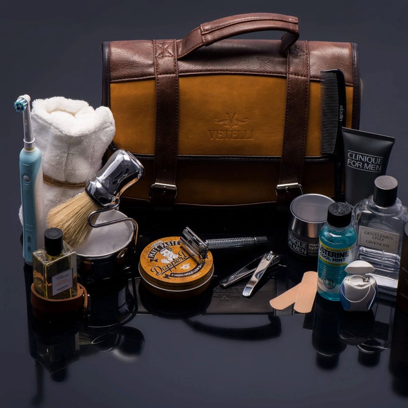 Vetelli Leather Toiletry Bag for Men - Water Resistant, 2 Zippered Internal Pockets, 2 Snap-Fastened Internal Pockets, and Hanging Hook. - Image 3